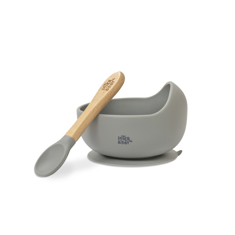 INTERBABY BOL + CUILLÈRE  EN SILICONE GRIS
