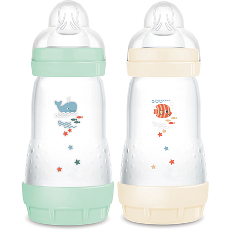 MAM PACK 2 BIBERONS EN PLASTIQUE 260 ML ANTI-COLIQUE 2M+ MENTH/COTON