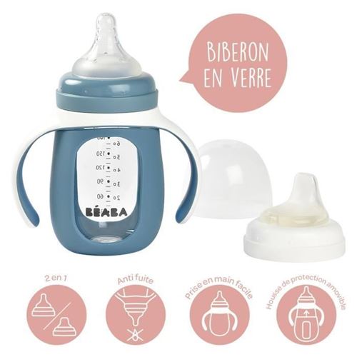 BEABA BIBERON VERRE D'APPRENTISSAGE 2EN1 + HOUSSE EN SIL BLEU