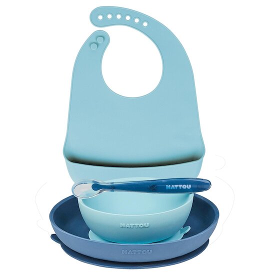 NATTOU COFFRET REPAS SILICONE 4 PIÈCES AVEC BAVOIR BLEU