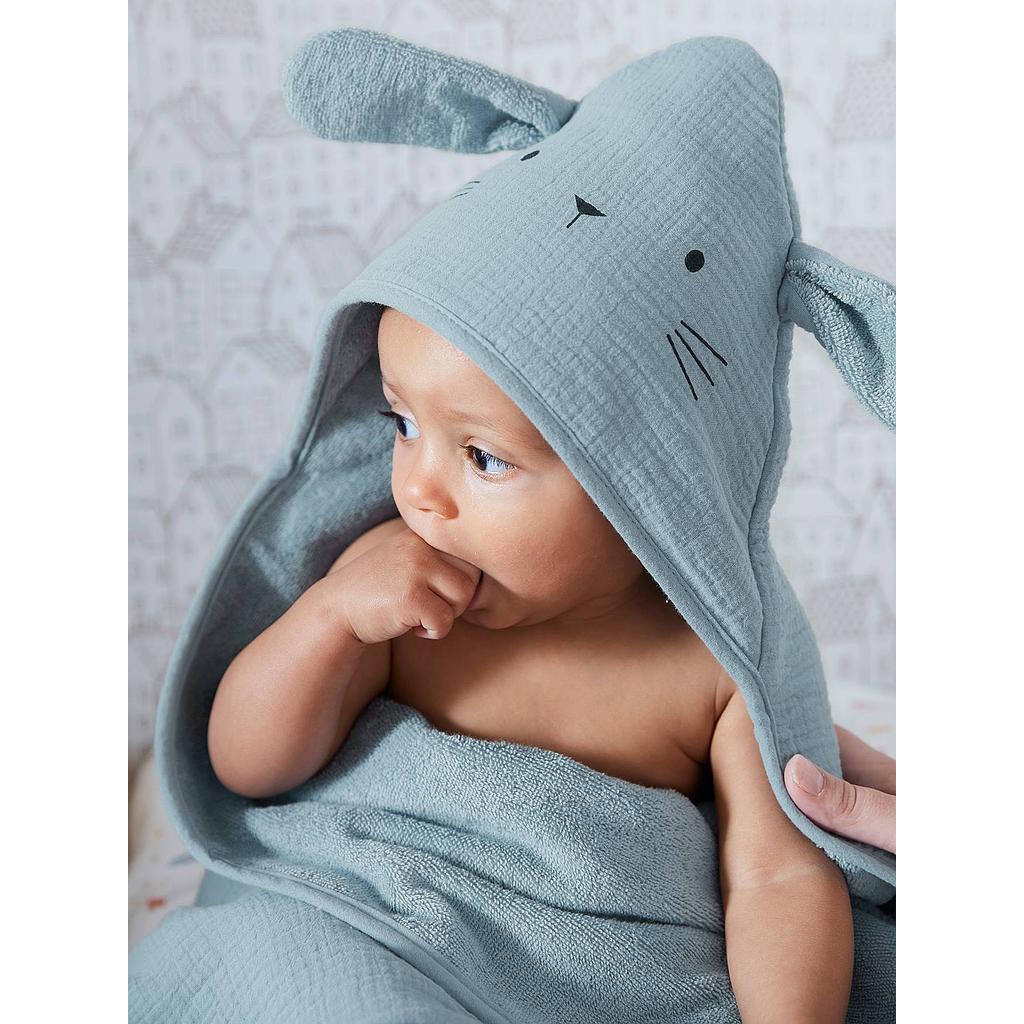 VERTBAUDET CAPE DE BAIN + GANT EN GAZE DE COTON BIO BLEU 100X100CM