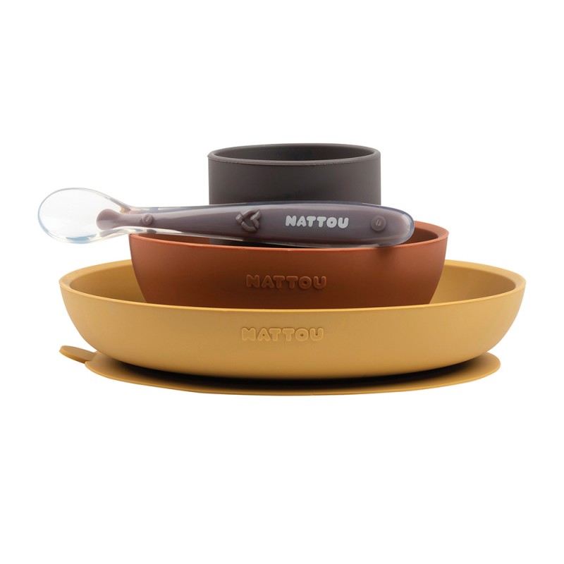 NATTOU COFFRET REPAS SILICONE 4 PIÈCES AVEC VENTOUSE CURRY/TERRA
