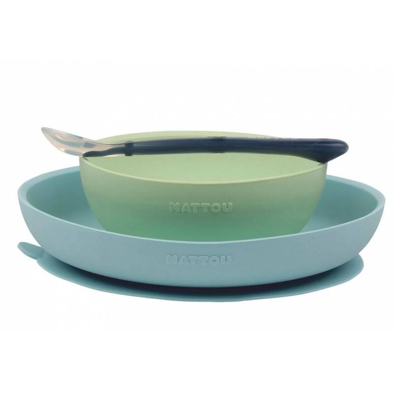 NATTOU COFFRET REPAS SILICONE 3 PIÈCES  BLEU/VERT