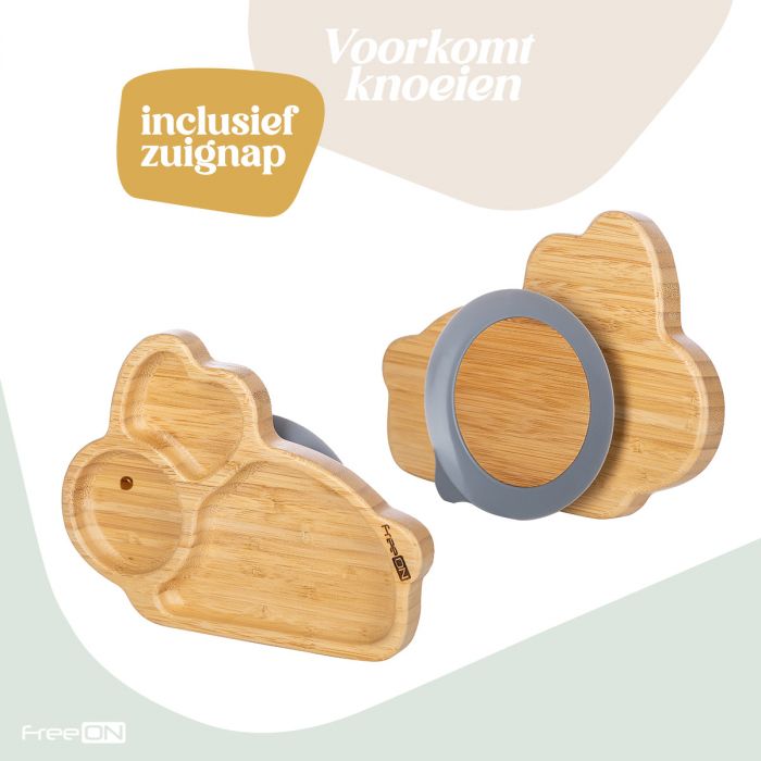 FREEON ASSIETTE AVEC COMPARTIMENT EN BAMBOU AVEC VENTOUSE LAPIN
