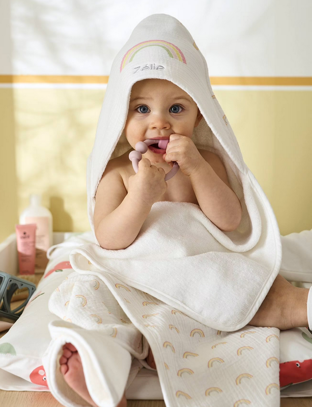 VERTBAUDET CAPE DE BAIN + GANT EN GAZE DE COTON BIO RAINBOW 70X70CM