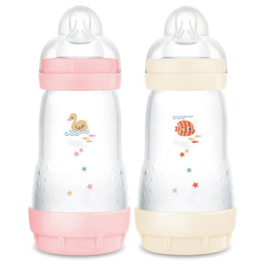 MAM PACK 2 BIBERONS EN PLASTIQUE 260 ML ANTI-COLIQUE 2M+ BONBON/COTON