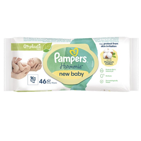 PAMPERS LINGETTE HARMONIE NEW BABY 46 PCS 0% PLASTIQUE