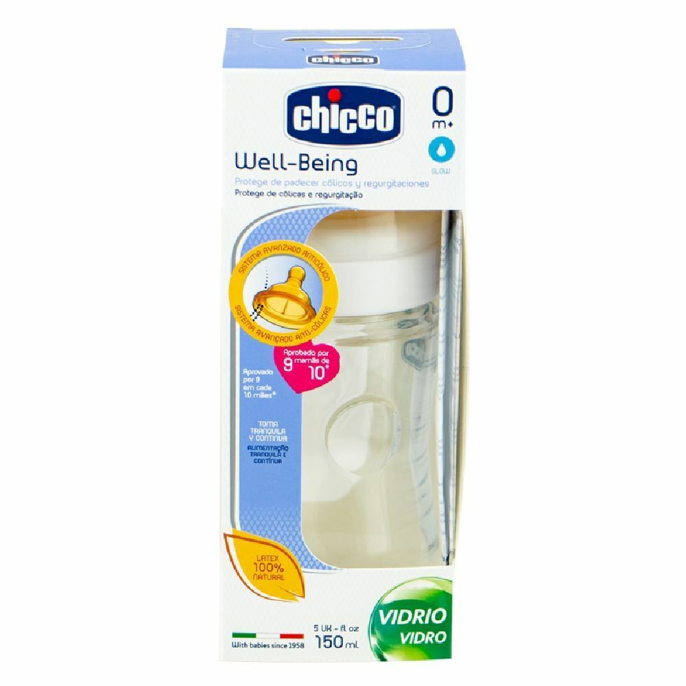 CHICCO BIBERON EN VERRE 150ML NO DECO LATEX FLUX NORMAL 0M+